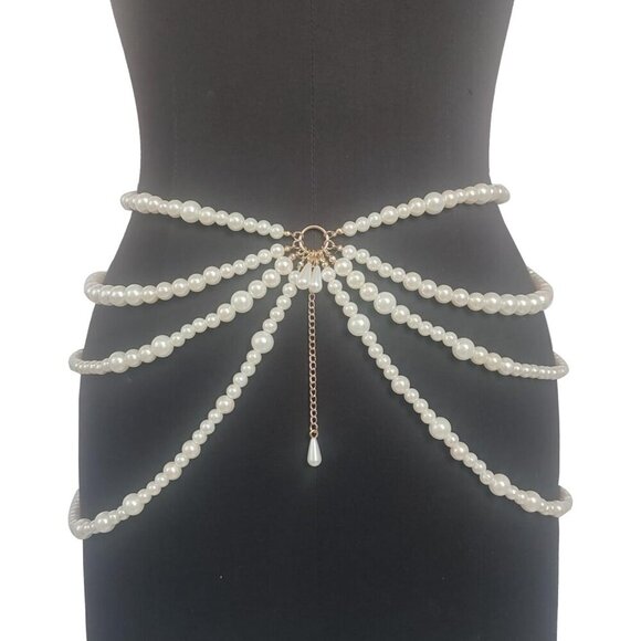 Multi Layered Pearl Waist Chain Belt for Women Silver Festive Party Jewelry main image 4